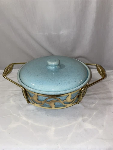 Vtg MCM BAUER Blue Speckled Ceramic Covered Casserole Dish w/Gold Cradle/Stand