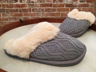 Lamo Grey Sweater Knit Fur Trim Caroline Scuff Slippers Clogs New