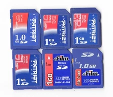 Lot Of 6x Delkin Devices / Patriot 1GB SD Camera Memory Cards