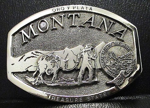 MONTANA Treasure State Seal Belt Buckle 1982 Frieberg Pioneer Settler Mountains