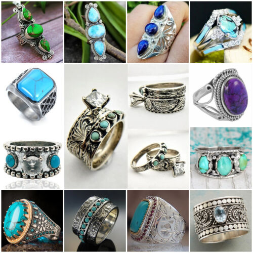 Silver Turquoise Rings Women Fashion Wedding Engagement Jewelry Gifts Size 6-13