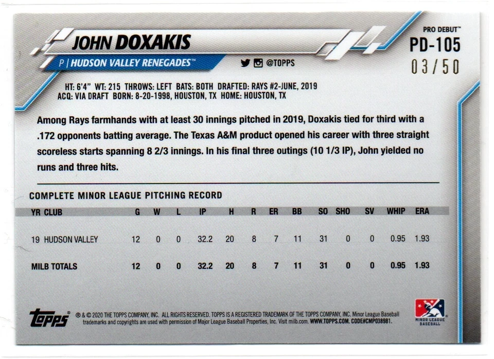 2020 Topps Pro Debut Gold John Doxakis #PD-105 /50 - Image 2 of 2