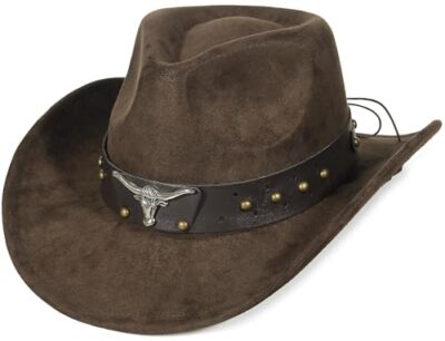  Suede Cowboy Hat for Men Women Roll up Brim Cowgirl Hat Classic 7-7 1/4 Coffee