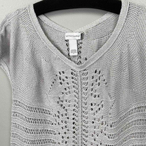 Soft Surroundings Crochet Sweater Plus Size 1X Gray Short Sleeve Open Knit Long - Picture 2 of 14