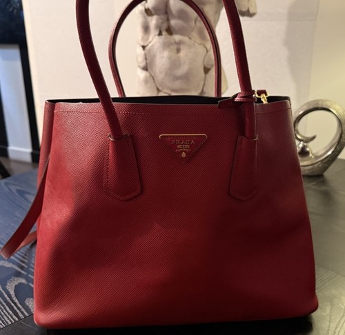 Prada Red Satchel Top Handle, Logo Accent, Gold Hardware, Detachable Strap