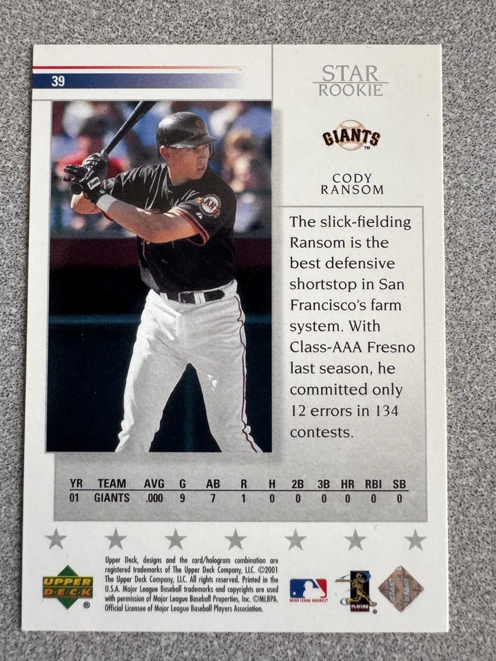 2002 Upper Deck Cody Ransom Star Rookie Rookie Card #39 San Francisco Giants - Image 2 of 2