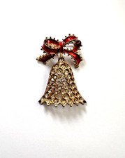Gold tone christmas BELL Brooch Pin CLEAR RHINESTONE