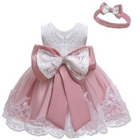 Flower Girl Lace Dress & Headband Large Bow Baby Gown Birthday Party Set Camila