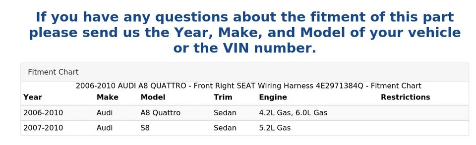 AUDI A8 QUATTRO 2006-2010 - Arnés de cableado asiento delantero derecho 4E2971384Q Foto 4 de 4