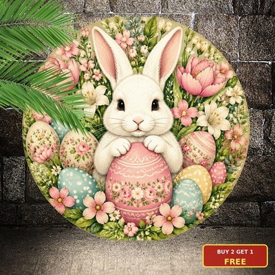 Easter Round Signs Decor Bunny Egg Vintage Tin Plaque Holiday Wall Poster