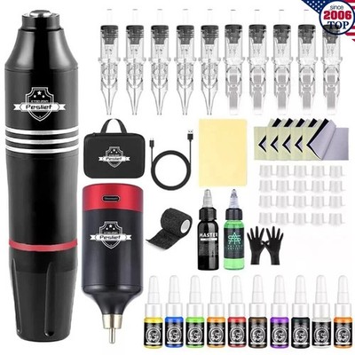 Wireless Tattoo Pen Machine Kit Complete with Power Supply Ink 10PCS Needles