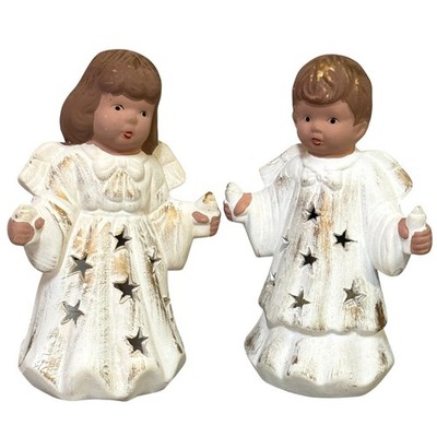 Vintage Ceramic Angel Candle Holders White Gold Stars Cutout Christmas Decor