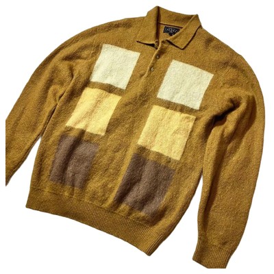 BEAMS Plus Shaggy Mohair Knit Polo Shirt XL Brown Geometric Long Sleeve F/S