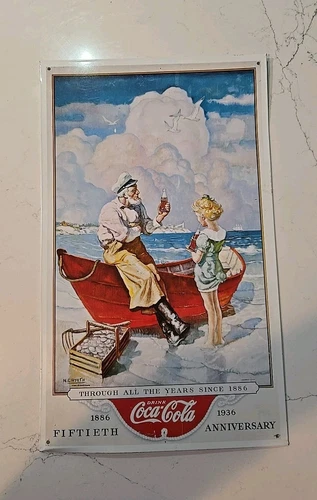 Vintage Coca Cola Advertising Retro 50th Metal Sign Through The Years Fisherman