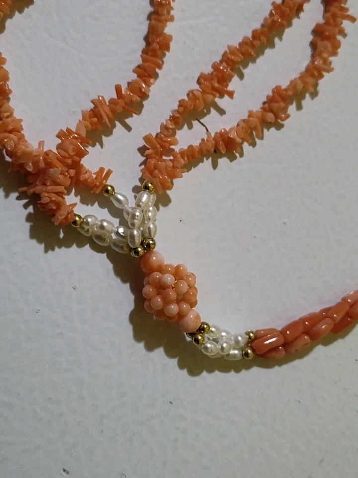 14K Natural Coral, Freshwater Pearl Multi-strand Beaded Necklace and Earrings - image 4 of 4