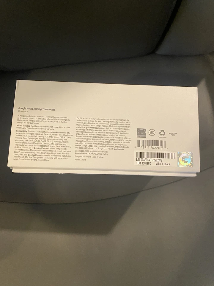Google Nest Learning Thermostat Mirror Black Brand New In Box - Image 2 of 4