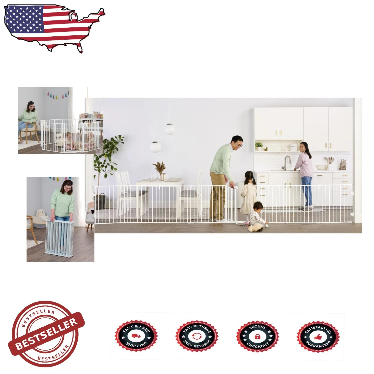 Expandable 194" Baby Gate & Playard | 8-Panel Configurable Steel Safety Fence