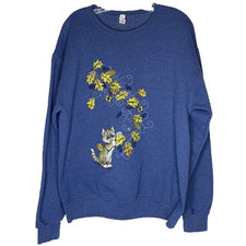 Jerzees Feline Kitty Cat Floral Blue Sweatshirt Size Large