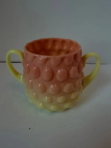 Vintage Hobnail Milk Glass Sugar Bowl Peach Custard Ombre Double Handle Fenton S