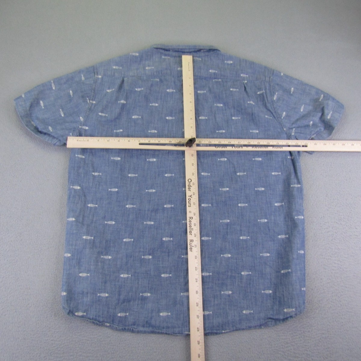 Chemise Bonobos Homme XL, Bleu Chambray, Imprimé Poisson, Manches Courtes, Coupe Slim, Boutonnée Décontractée