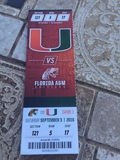 2016 MIAMI HURRICANES VS FLORIDA A&M COLLEGE FOOTBALL TICKET STUB 9/3