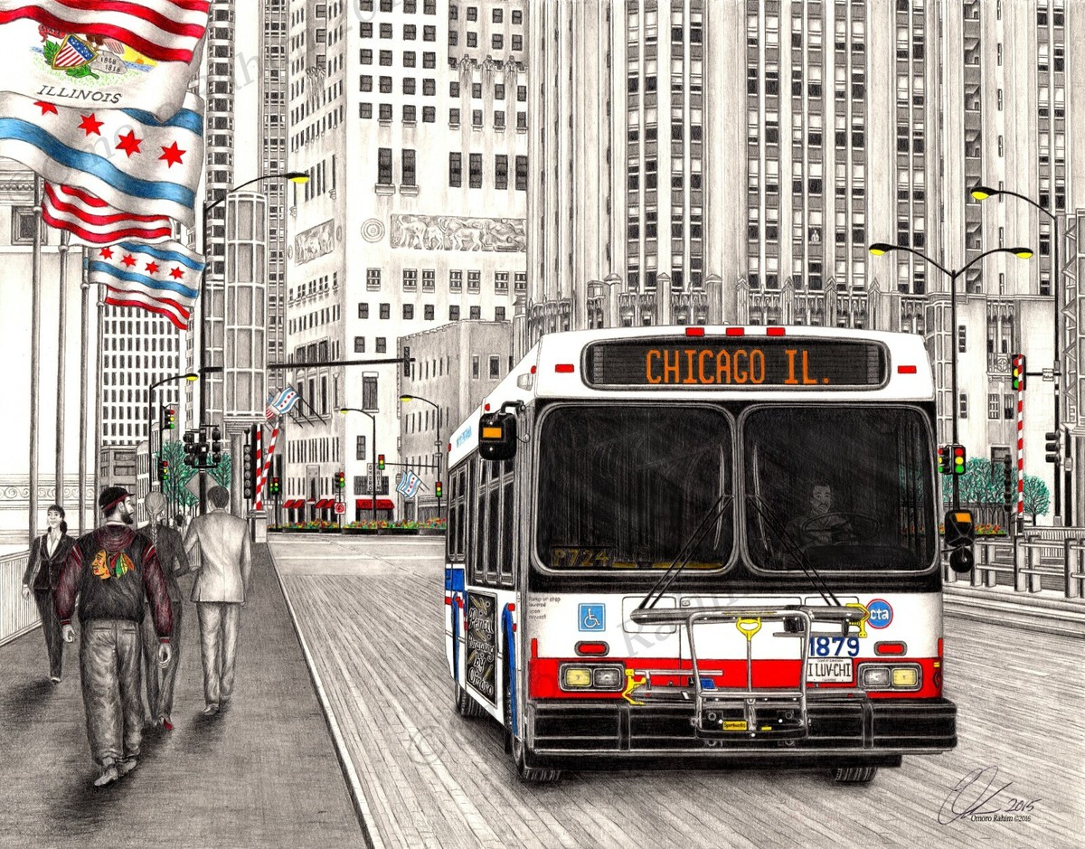 Chicago CTA Bus drawing (lithograph/print), direct from artist