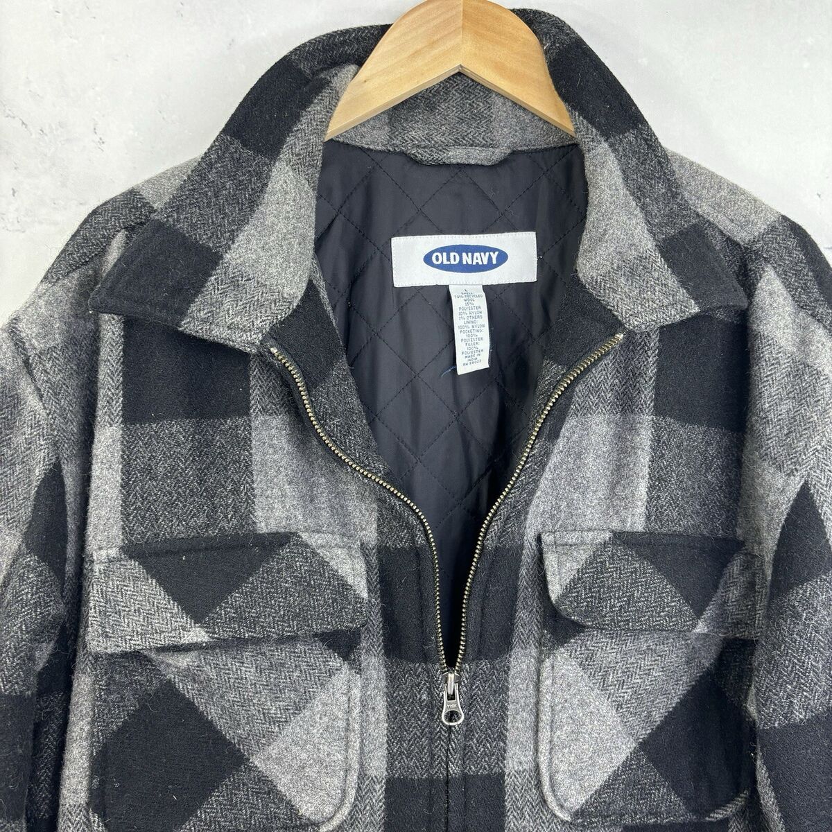 Vintage 90s Wool Jacket Coat Mens Sz L Buffalo Checker Zipup Vintage 90s Wool Jacket Coat Mens Sz L Buffalo Checker Zipup