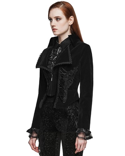 Punk Rave Womens Gothic Velvet & Lace Riding Jacket - Black - Picture 9 of 13