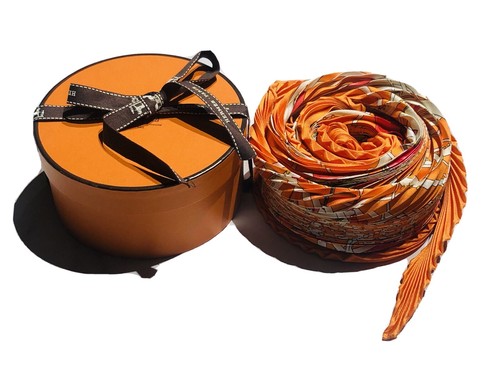 HERMES Paris “Grande Roue” Dimitri Rybaltchenko Orange 100% Silk Plisse Scarf