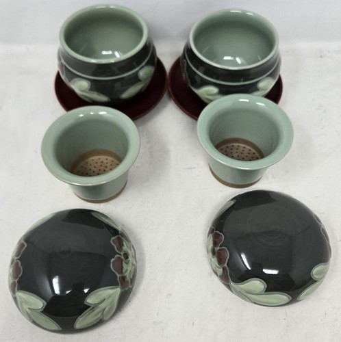 Vintage Kwangjuyo Tea Infuser Set For 2 With Wood Plates Ceramic Cups Korean EUC