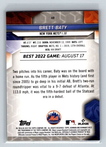 2023 Bowman's Best Baseball Rookie Card RC #68 Brett Baty New York Mets (B) - Picture 2 of 2