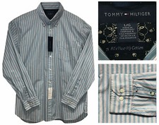 TOMMY HILFIGER 80s Two Ply Cotton Mens Striped Blue Long Sleeve Shirt L NWT 65