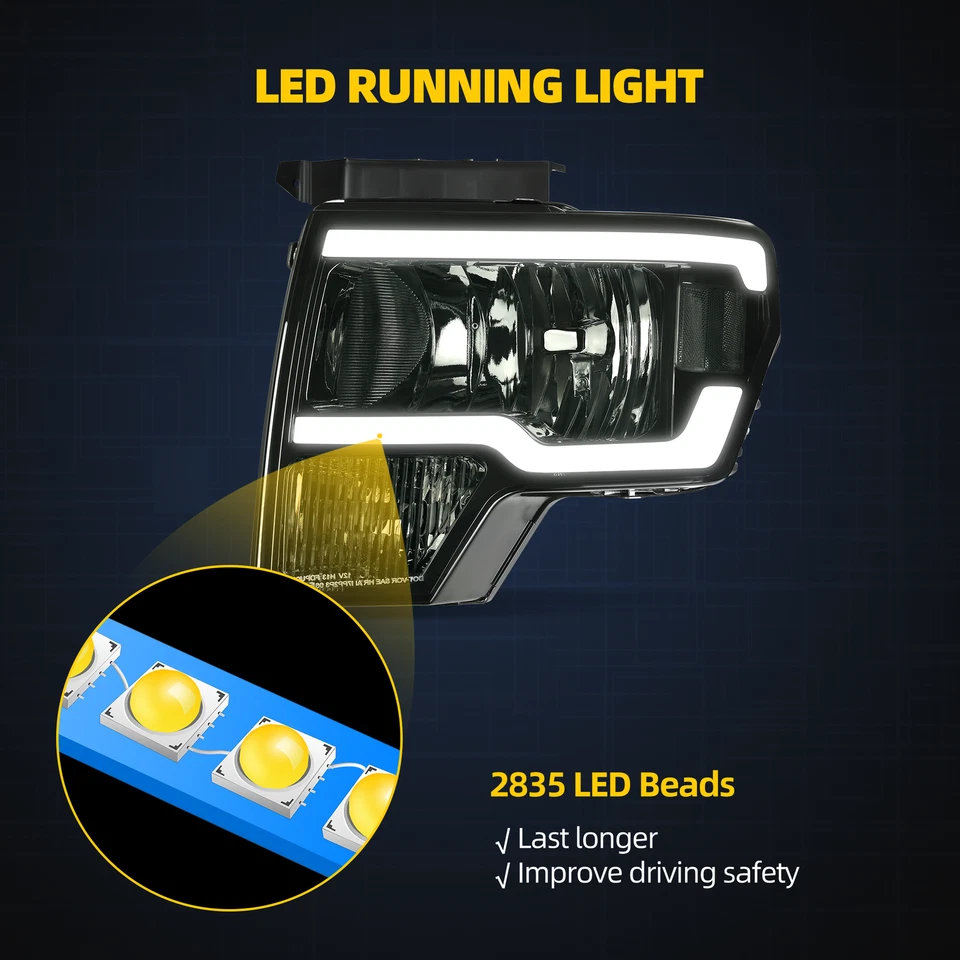Sequential Turn Signal LED DRL Headlights For 2009-2014 Ford F150 Smoke Lens - Image 4 of 4
