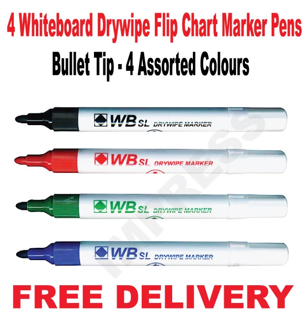 WHITEBOX Whiteboard Drywipe Flip Chart Marker Pens Bullet Tip Dry Wipe 4 Assorted Pack