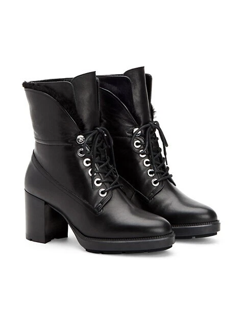 Aquatalia Para Mujer Cuero Negro Tacón Con Cordones Cuello de Piel Bota Taco Suela de Goma 6 Foto 2 de 4