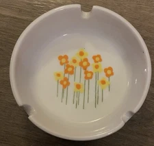 Ashtray Mid-Century Modern Takahashi White 3 Slot Orange Yell Floral Ashtray Vtg