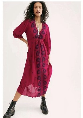 Free People Fable Embroidered Festival Boho Mid Dress Magenta Pink Medium