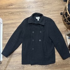 LL Bean Pea Coat Mens M Black Grey Wool Quilt...