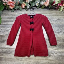Tahari Girls Cardigan, 5-6 Kids Cable Knit Red Long Sweater Black Bow Tie Cute 