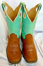 Shyanne Girls Boots Size 1 Turquoise Brown Leather Cowboy Boots Square Toe