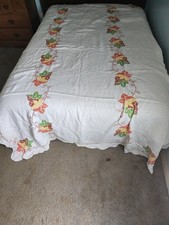 Vintage XLarge White Hand Embroirdered Linen Table Cloth