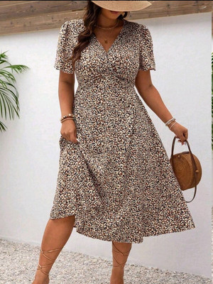Plus Size Große Größen Midikleid Kleid Midi Sommer Kurzarm Raffung Muster 44-52