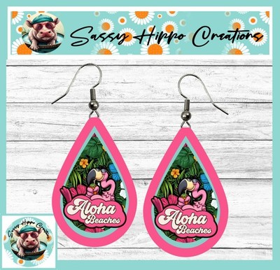 Earrings Teardrop Silver Hook Backs Aloha Beaches Pink Flamingo Flowers MDF