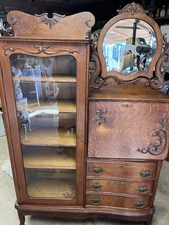Antique Tiger Striped Oak Secretary With Drop Down Cabinet - Glass Door Beveled
