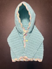 Handmade Crochet Hooded Baby Cardigan Sweater Mint Green Heart Buttons 0-3 Month