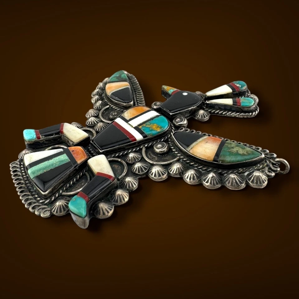 Bold Vintage Sterling Silver Southwestern Large Thunderbird Inlay Brooch 37g - image 4 of 4