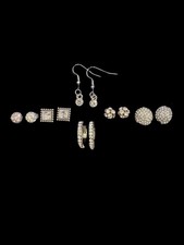 Lot of 6 Dressy Rhinestone Elegant Formal Silver Tone Earrings Jewelry Set J9