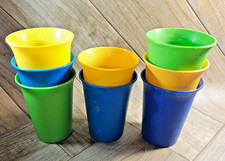 8 Vtg TUPPERWARE 109 Series BELL TUMBLERS 7 OZ KIDS CUPS Blue Yellow Green