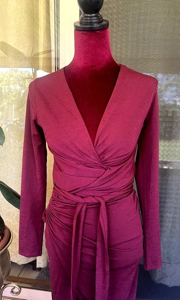 SHEIKE Burgundy Wine Stretch Ruched Wrap Style Midi Dress Cocktail Party Size 8 - image 3 of 4