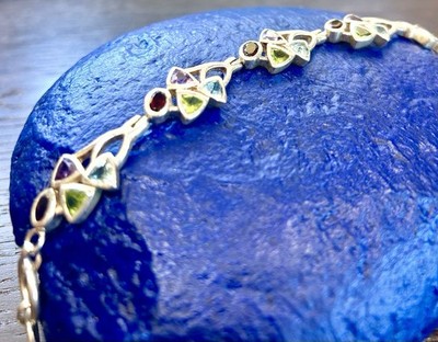 Vintage Sterling Silver Bracelet with 4 multi gem clusters. Toggle Clasp 